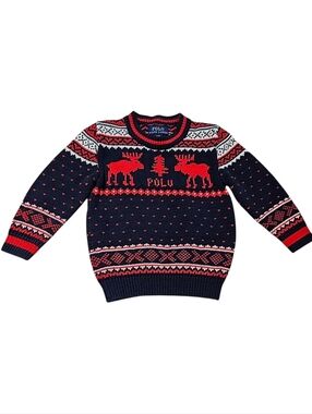 Polo Ralph Lauren Classic Unisex Fair Isle Holiday Reindeer Knit Sweater Size 2T